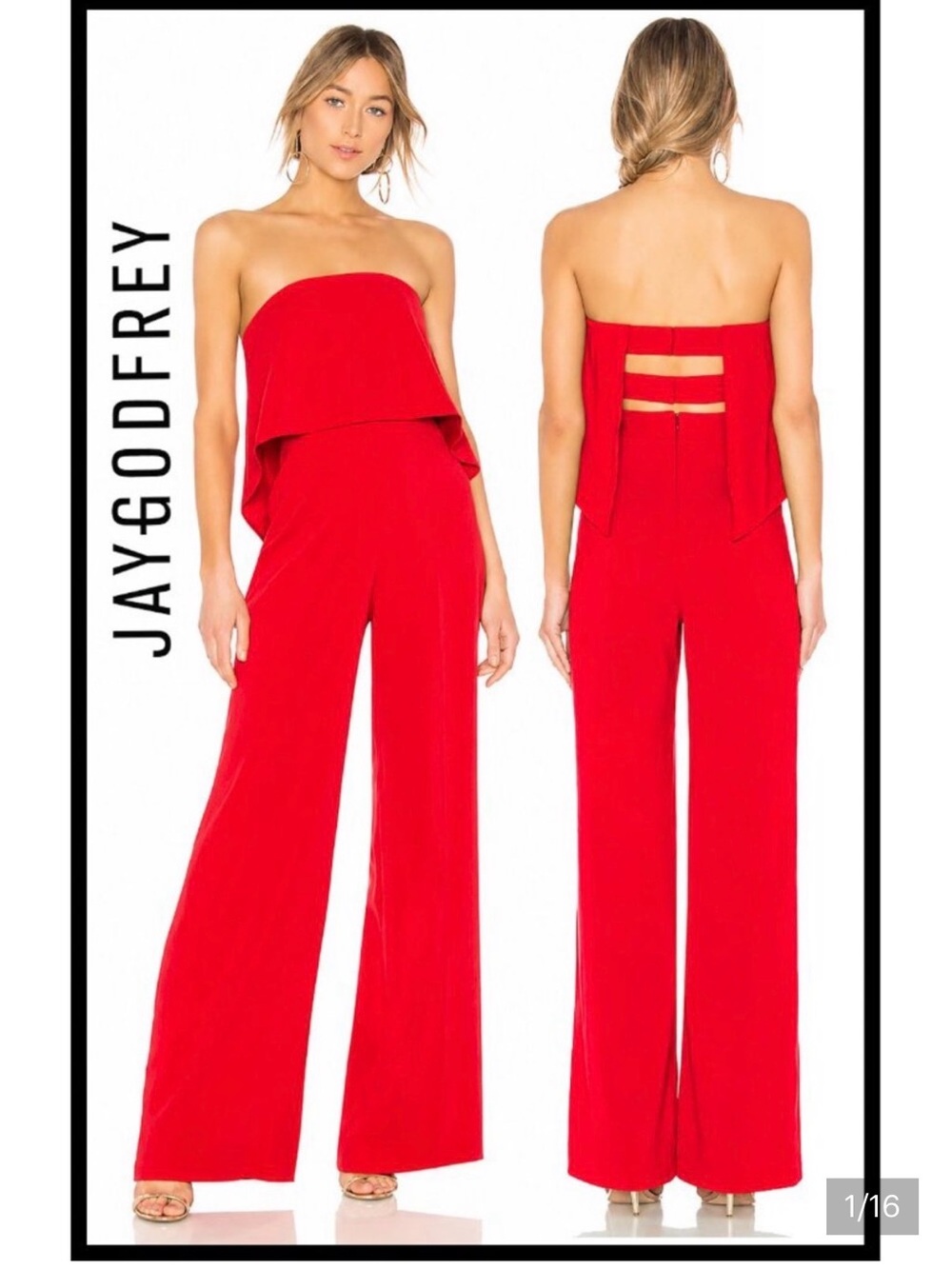 JAYGODFREY Red Strapless Layered Wide-Leg Jumpsuit